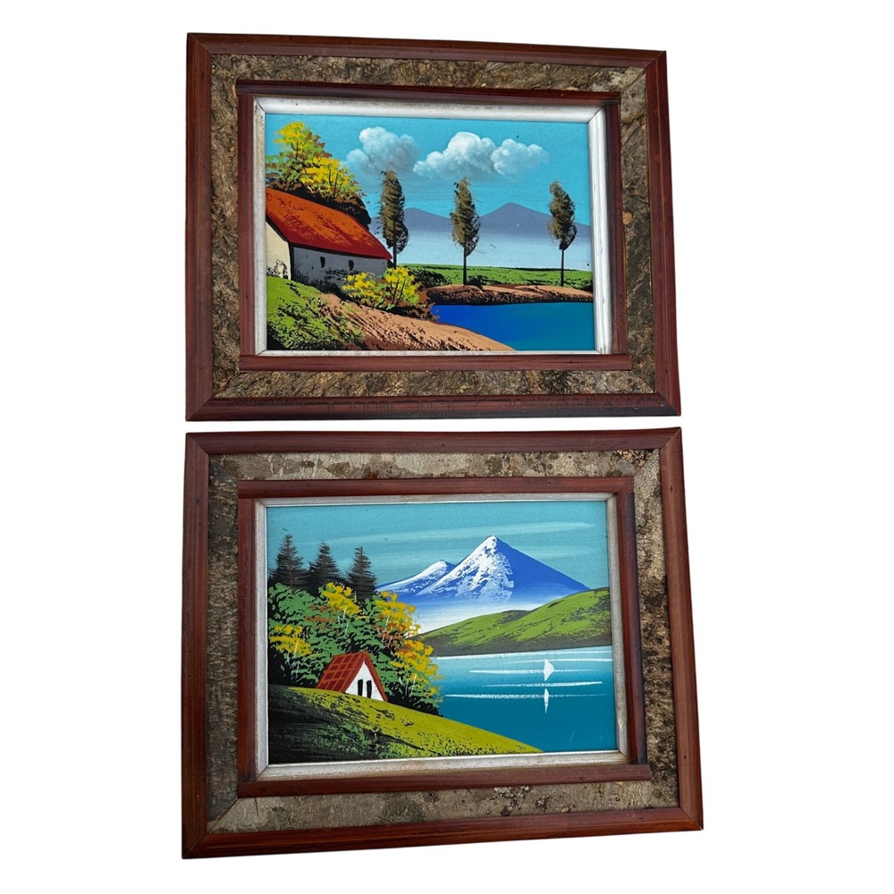 Vintage Japanese Paintings Pair Landscape Mt Fuji Bark Wood Frames Set of 2